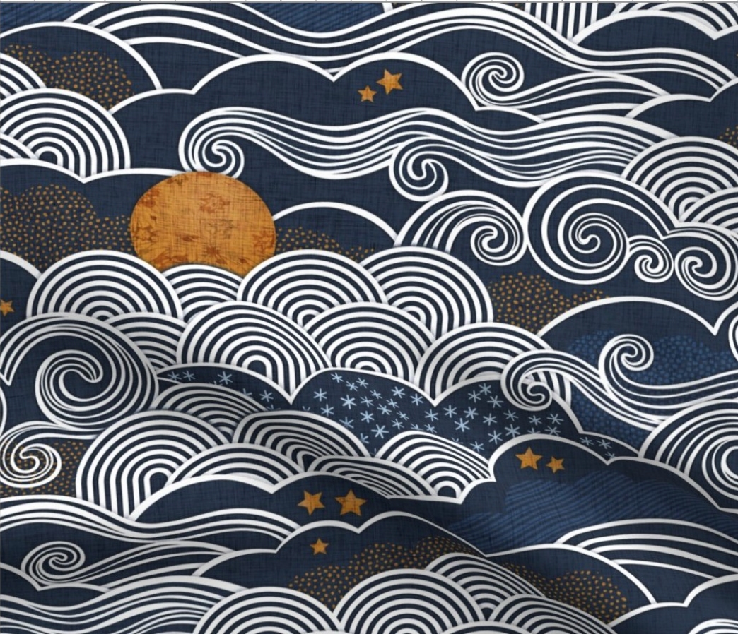 0057 - Cozy Night Sky Large- Full Moon and Stars Over the Clouds- Navy Blue- Indigo- Gold- Mustard- Home Decor- Wallpaper Fabric by patricia_lima