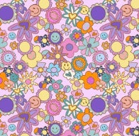 0098 - Groovy happy faces and flowers - lilac - medium Fabric byanelise-design