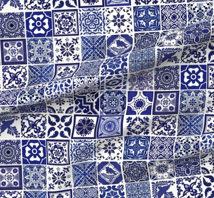 0081 - Talavera Tiles 3.5" blue & white Fabric bylbaron